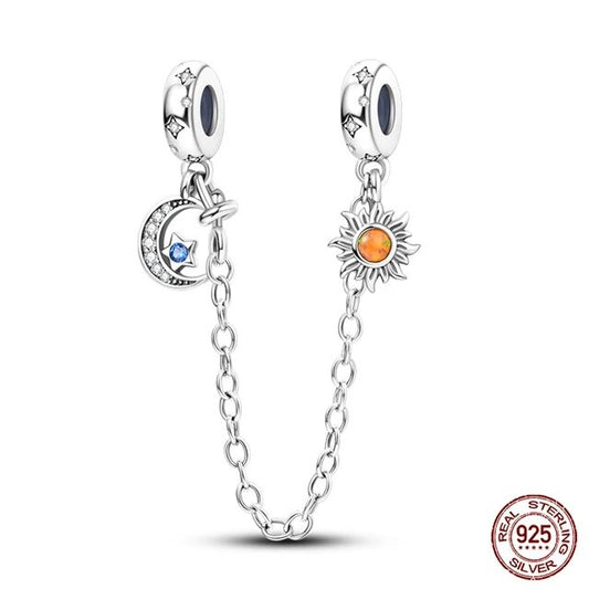 Sun Moon and Star Safety Chain Charm for Bracelet, S925 Sterling Silver