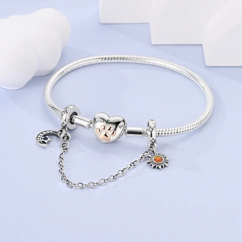 Sun Moon and Star Safety Chain Charm for Bracelet, S925 Sterling Silver