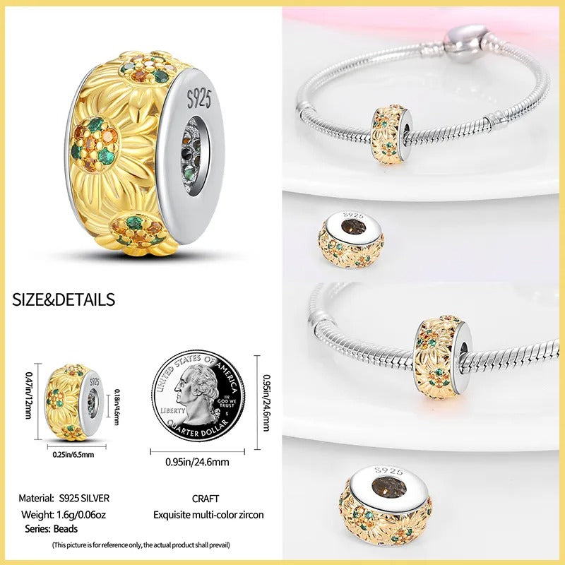 Sunflower Charm for Bracelet, S925 Sterling Silver