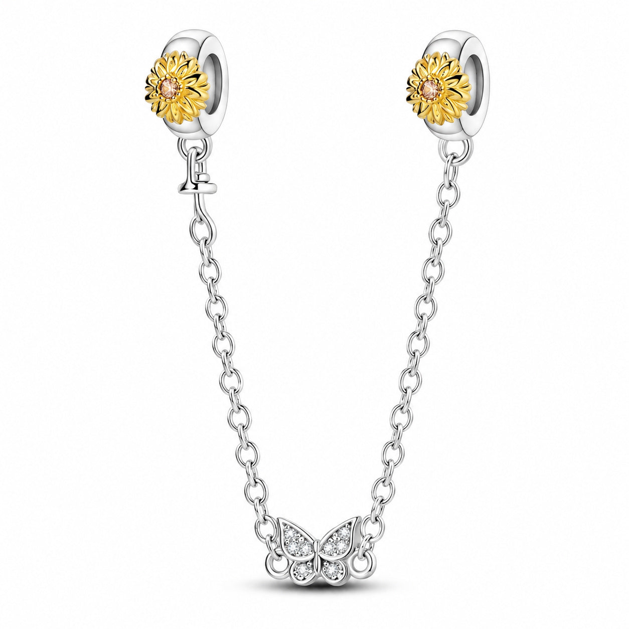 Sunflower and Butterfly Safety Chain Sterling Silver Charm Hallmarked S925 for Charm Bracelet and Necklace