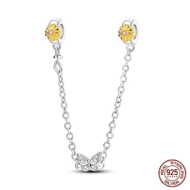Sunflower and Butterfly Safety Chain Charm for Bracelet, S925 Sterling Silver