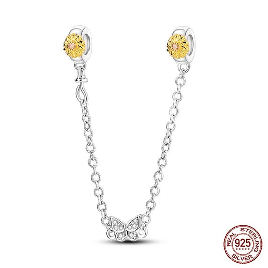 Sunflower and Butterfly Safety Chain Charm for Bracelet, S925 Sterling Silver