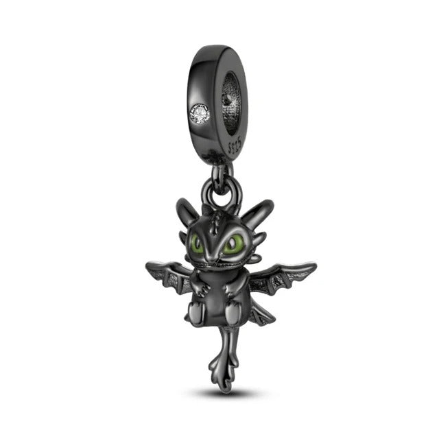 Toothless Black Dragon Charm for Bracelet, S925 Sterling Silver