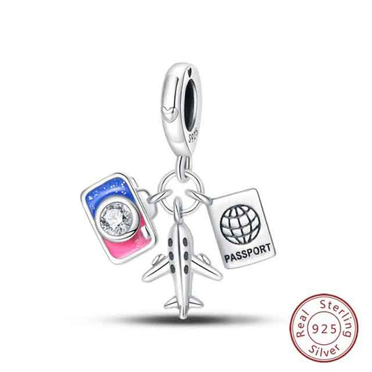 Travel Charm Airplane Passport Charm for Bracelet, S925 Sterling Silver