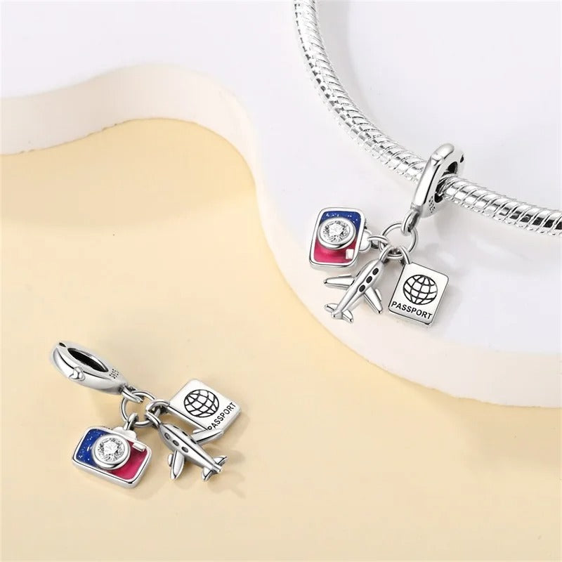 Travel Charm Airplane Passport Charm for Bracelet, S925 Sterling Silver