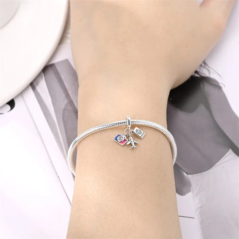 Travel Charm Airplane Passport Charm for Bracelet, S925 Sterling Silver