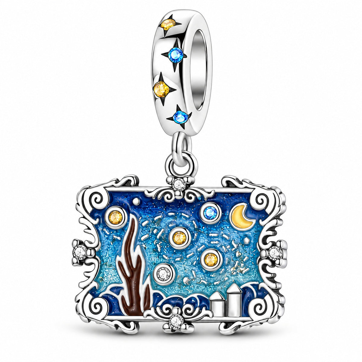 S925 Sterling Silver Van Goghs Starry Sky Painting Charm Bracelet