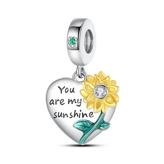 You are My Sunshine Sunflower Dangle Charm for Bracelet, S925 Sterling Silver