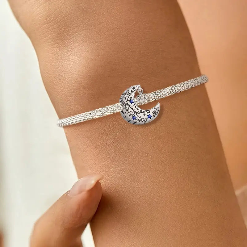 Blue Stars & Moon Bead Sterling Silver Charm Hallmarked S925 for Charm Bracelet and Necklace