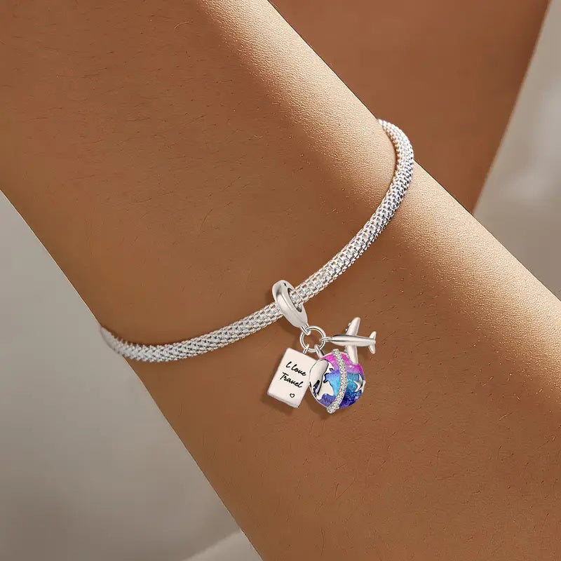 I Love Travel Globe Dangle Sterling Silver Charm Hallmarked S925 for Charm Bracelet and Necklace