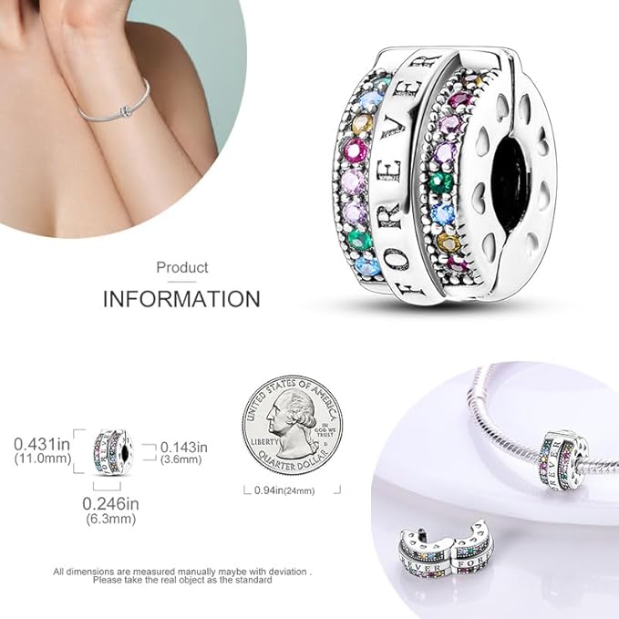 Multicolour Forever Clip Sterling Silver Charm Hallmarked S925 for Charm Bracelet and Necklace