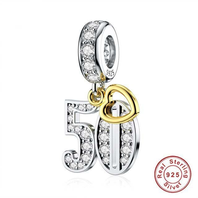 50th Birthday Gold Tag Dangle Charm For Bracelet, S925 Sterling Silver