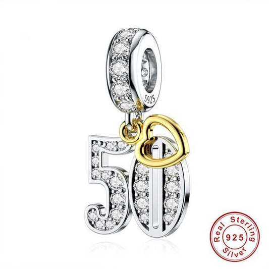 50th Birthday Gold Tag Dangle Charm For Bracelet, S925 Sterling Silver