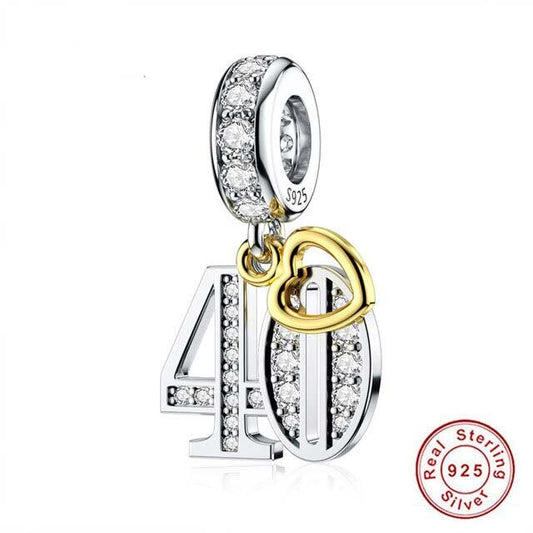 40th Birthday Gold Tag Dangle Charm For Bracelet, S925 Sterling Silver