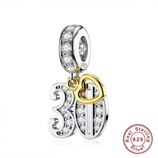 30th Birthday Gold Tag Dangle Charm For Bracelet, S925 Sterling Silver