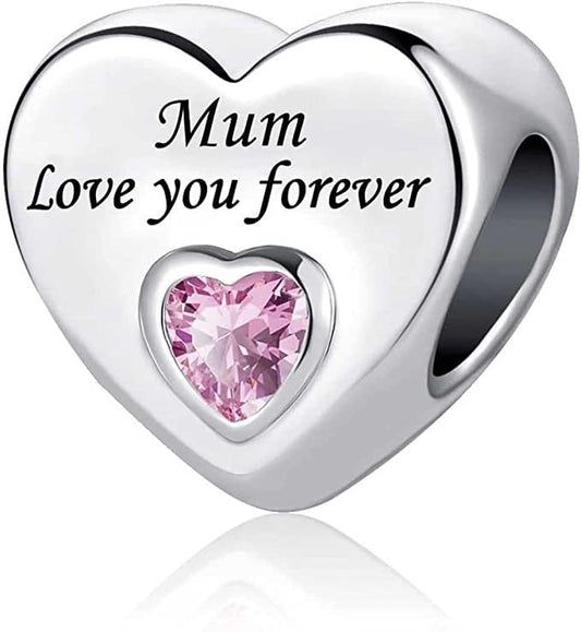 Mum Love You Forever Heart Charm For Bracelet, S925 Sterling Silver