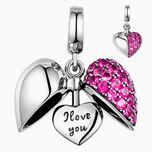 Fuschia Pink Crystals I Love You Openable Locket Heart Pendant Charm For Bracelet, S925 Sterling Silver