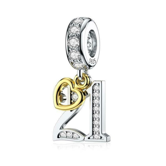 21st Birthday Gold Tag Dangle Charm For Bracelet, S925 Sterling Silver
