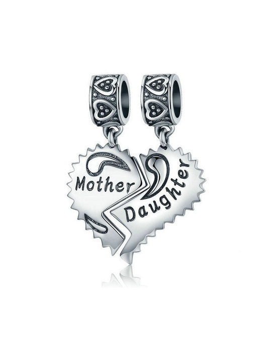 Mother Daughter Heart Dangle Charm For Bracelet, S925 Sterling Silver