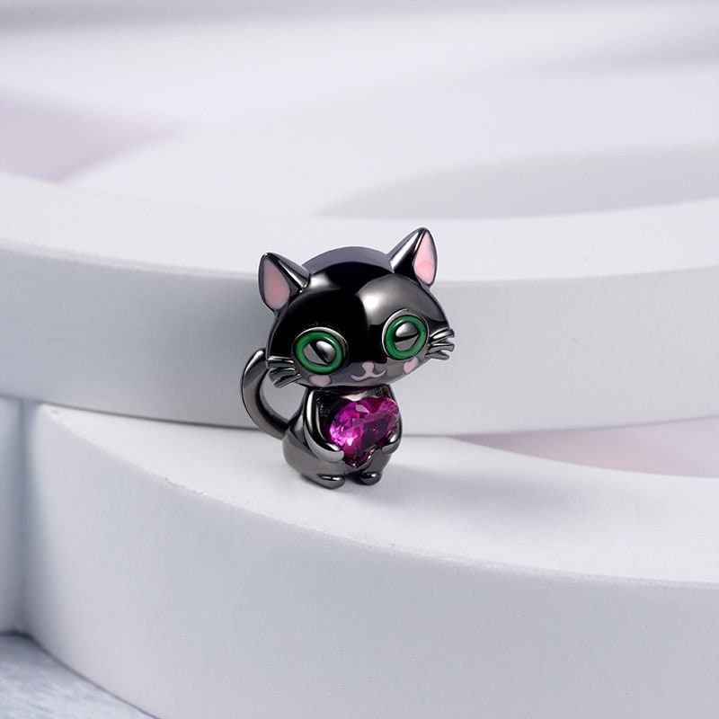 Black Cat with Jewel Heart Charm for Bracelet, S925 Sterling Silver