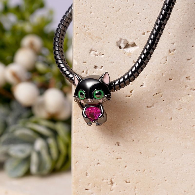 Black Cat with Jewel Heart Charm for Bracelet, S925 Sterling Silver
