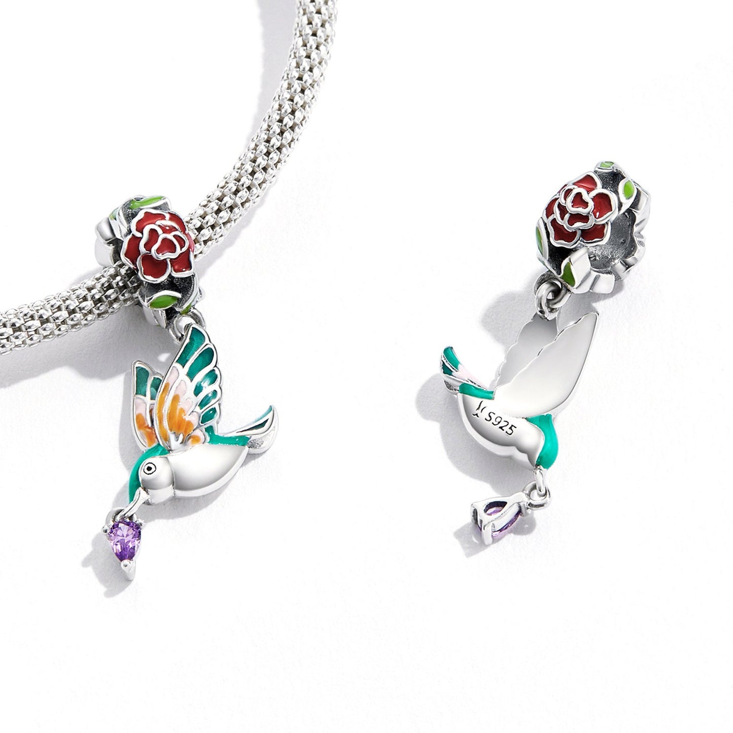 Bird and Flower Charm For Bracelet, S925 Sterling Silver