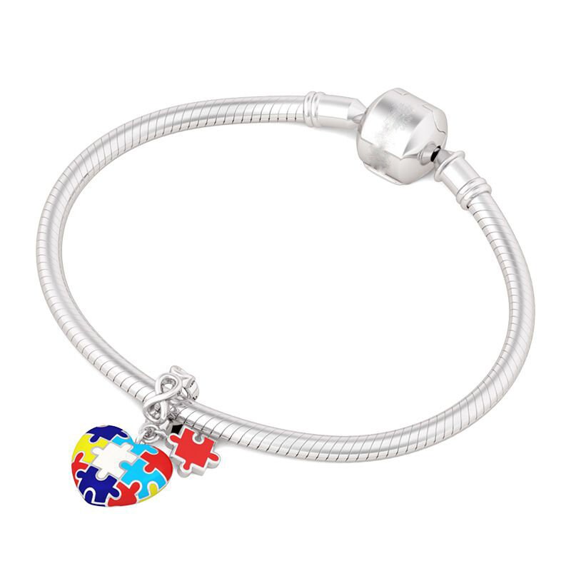 Autism Awareness Puzzle Heart Pendant Charm For Bracelet Charm for Mum Mother Mama, S925 Sterling Silver