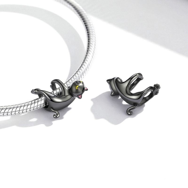 Yellow Eyed Black Cat Charm For Bracelet, S925 Sterling Silver