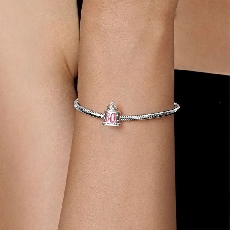 30th Happy Birthday Cake Charm For Bracelet, S925 Sterling Silver