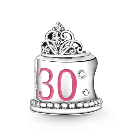 30th Happy Birthday Cake Charm For Bracelet, S925 Sterling Silver