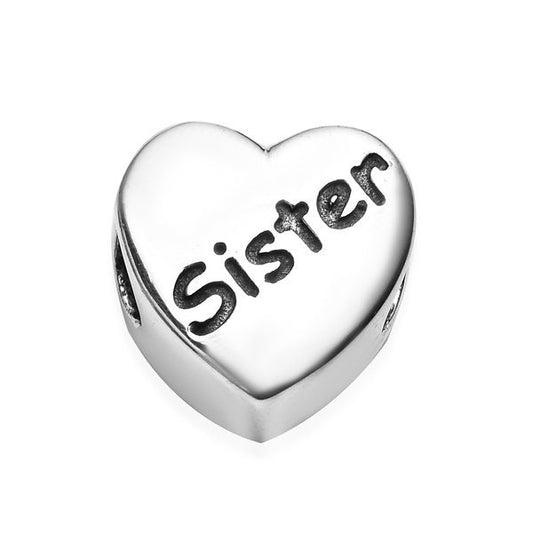 Sister Heart Charm for Bracelet, S925 Sterling Silver