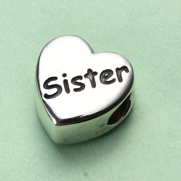 Sister Heart Charm for Bracelet, S925 Sterling Silver
