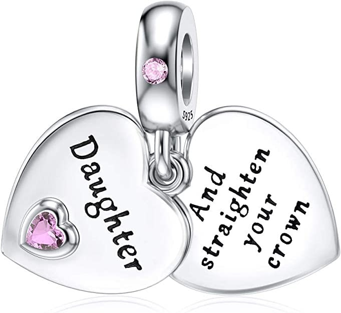 Daughter Heart Dangle Charm for Bracelet , S925 Sterling Silver