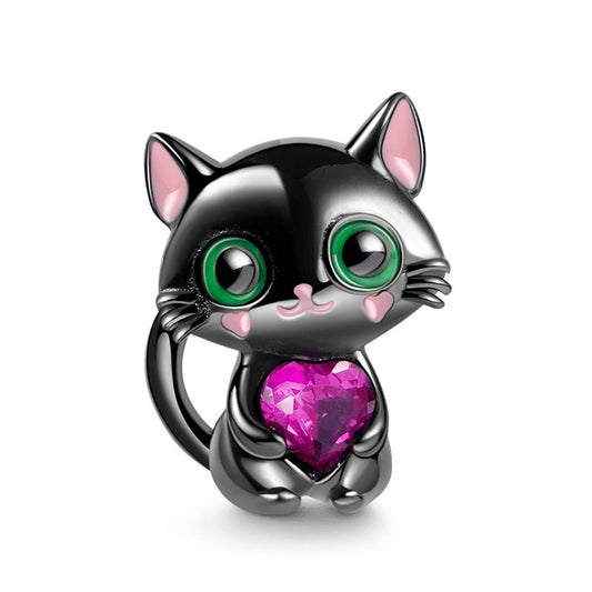 Black Cat with Jewel Heart Charm for Bracelet, S925 Sterling Silver