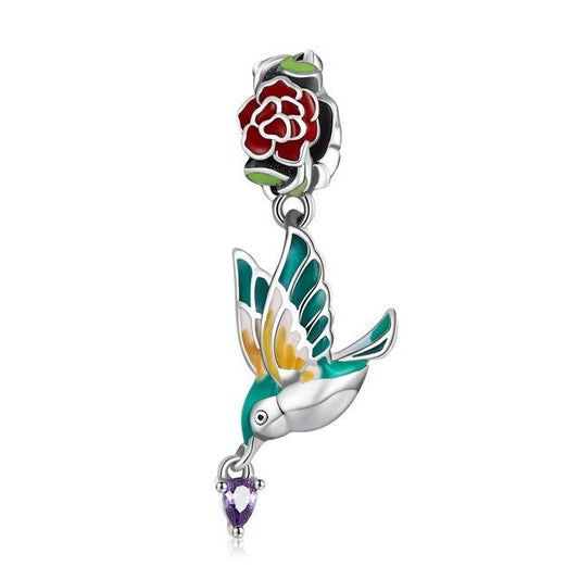 Bird and Flower Charm For Bracelet, S925 Sterling Silver