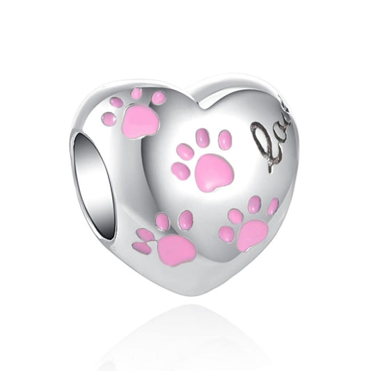 Pink Paw Print Heart Charm For Bracelet, S925 Sterling Silver