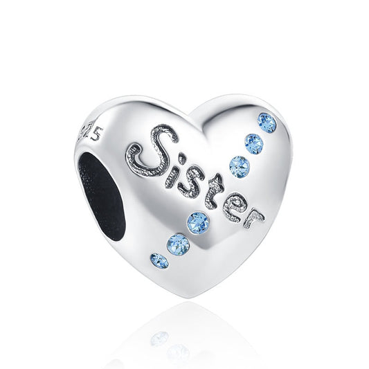 Blue CZ Sister Heart Charm For Bracelet, S925 Sterling Silver