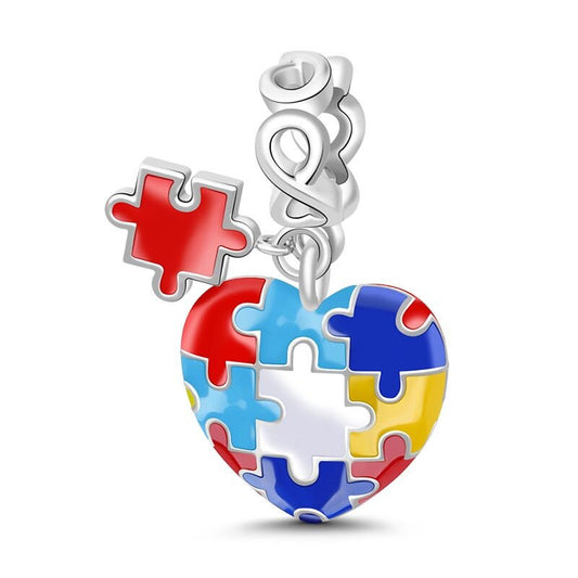 Autism Awareness Puzzle Heart Pendant Charm For Bracelet Charm for Mum Mother Mama, S925 Sterling Silver