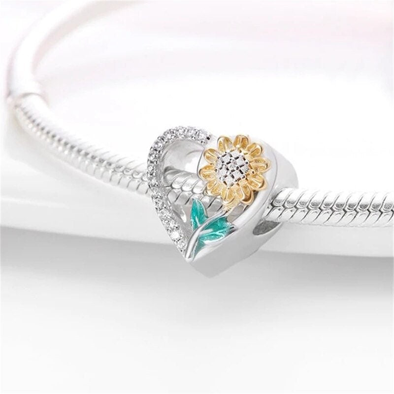 Sunflower Heart Charm For Bracelet, S925 Sterling Silver