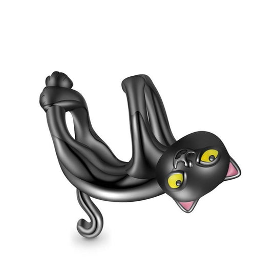 Yellow Eyed Black Cat Charm For Bracelet, S925 Sterling Silver