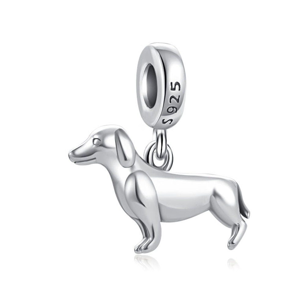 Polished Dachshund Dog Charm For Bracelet, S925 Sterling Silver