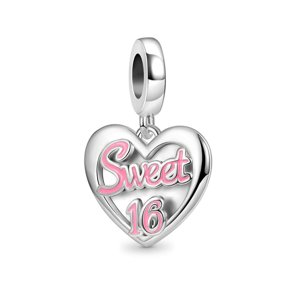 Sweet 16 Happy Birthday Heart Charm For Bracelet, S925 Sterling Silver