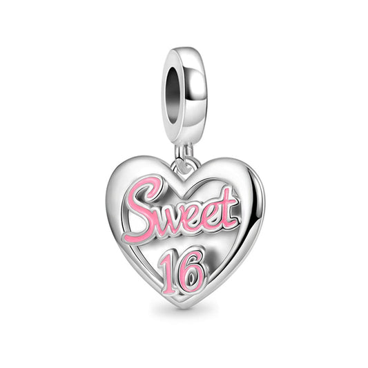 Sweet 16 Happy Birthday Heart Charm For Bracelet, S925 Sterling Silver