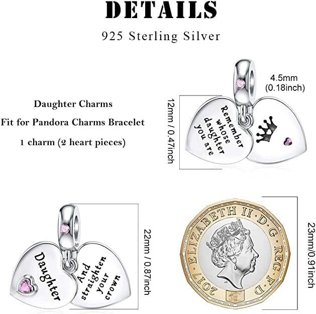 Daughter Heart Dangle Charm for Bracelet , S925 Sterling Silver