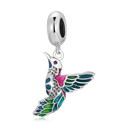 Colourful Hummingbird Dangle Charm For Bracelet, S925 Sterling Silver