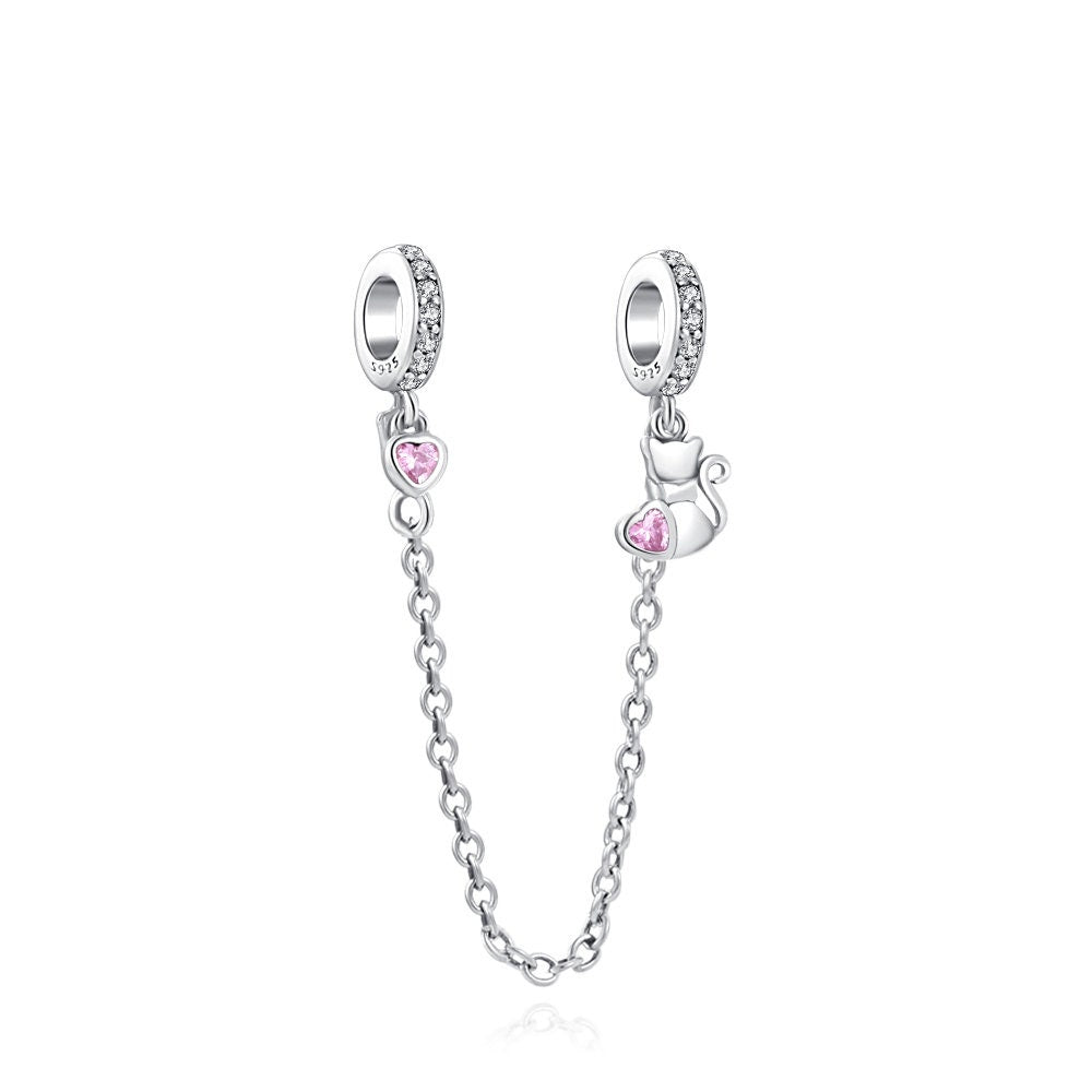 Cat & Heart Safety Chain Charm For Bracelet, S925 Sterling Silver