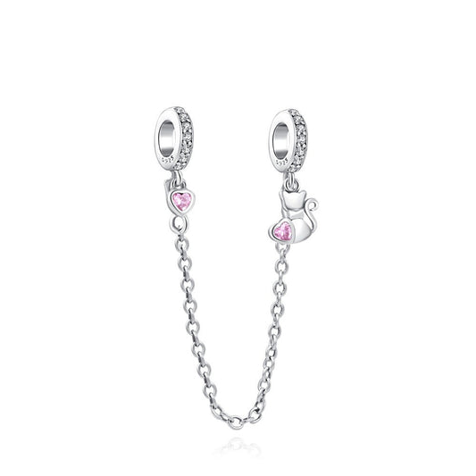 Cat & Heart Safety Chain Charm For Bracelet, S925 Sterling Silver