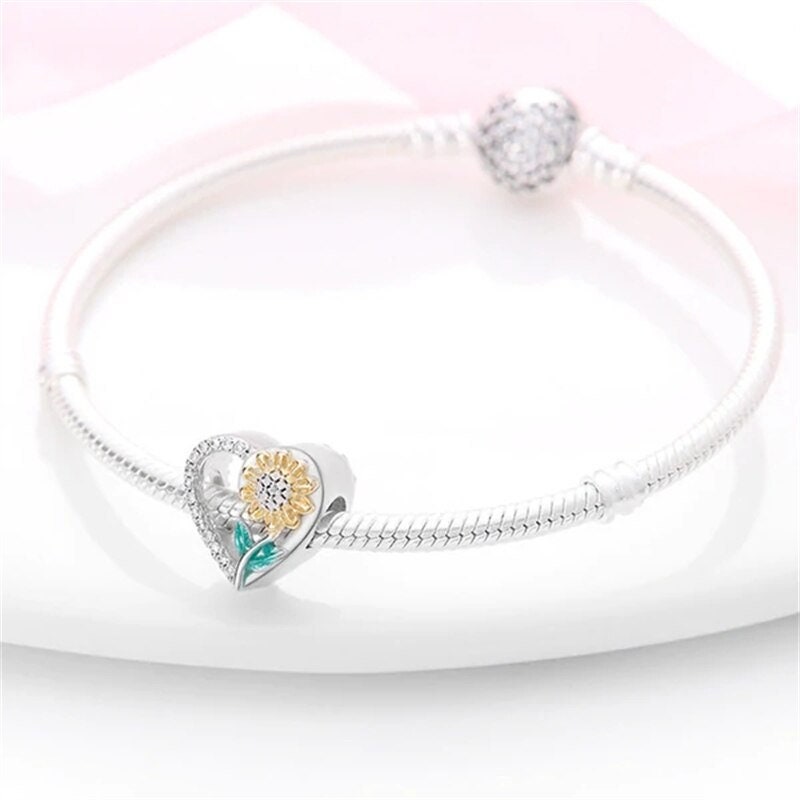 Sunflower Heart Charm For Bracelet, S925 Sterling Silver