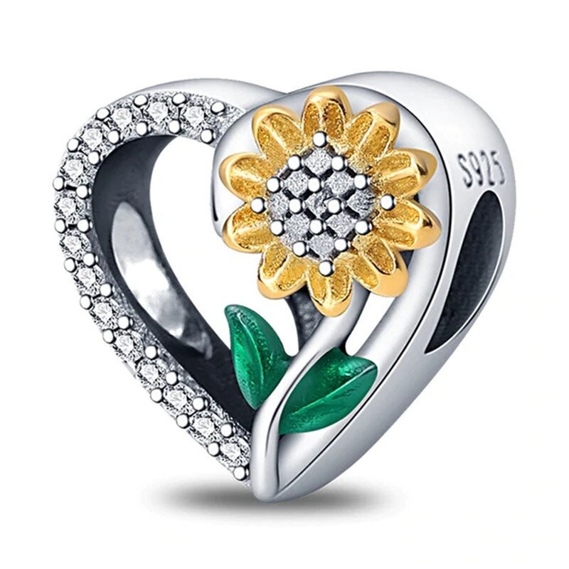 Sunflower Heart Charm For Bracelet, S925 Sterling Silver