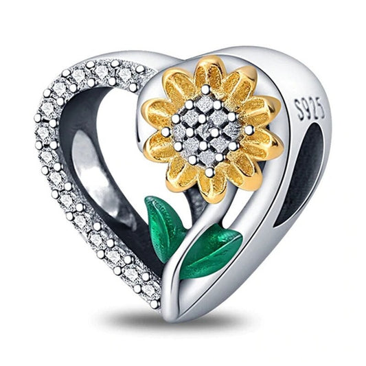 Sunflower Heart Charm For Bracelet, S925 Sterling Silver